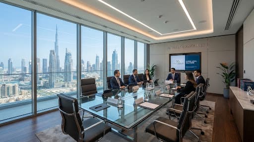Corporate advisory boardroom overlooking the Dubai skyline